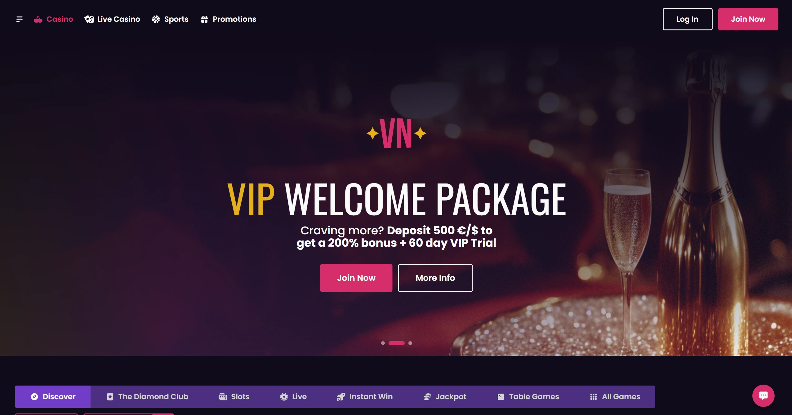 Vegas Now frontpage offering a VIP welcome package